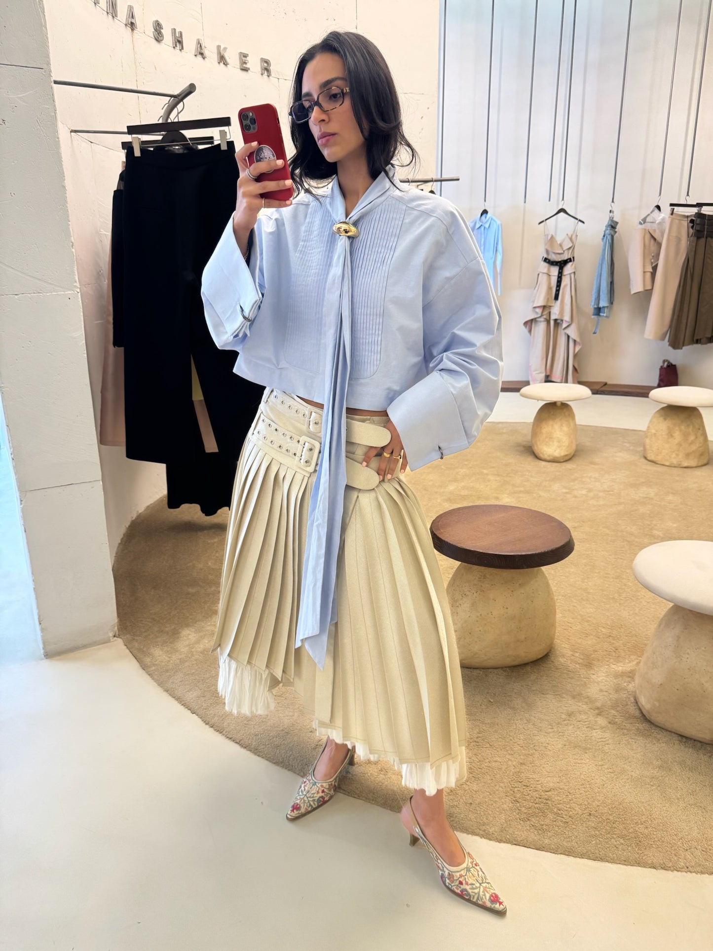 Cropped scarf tuxedo shirt