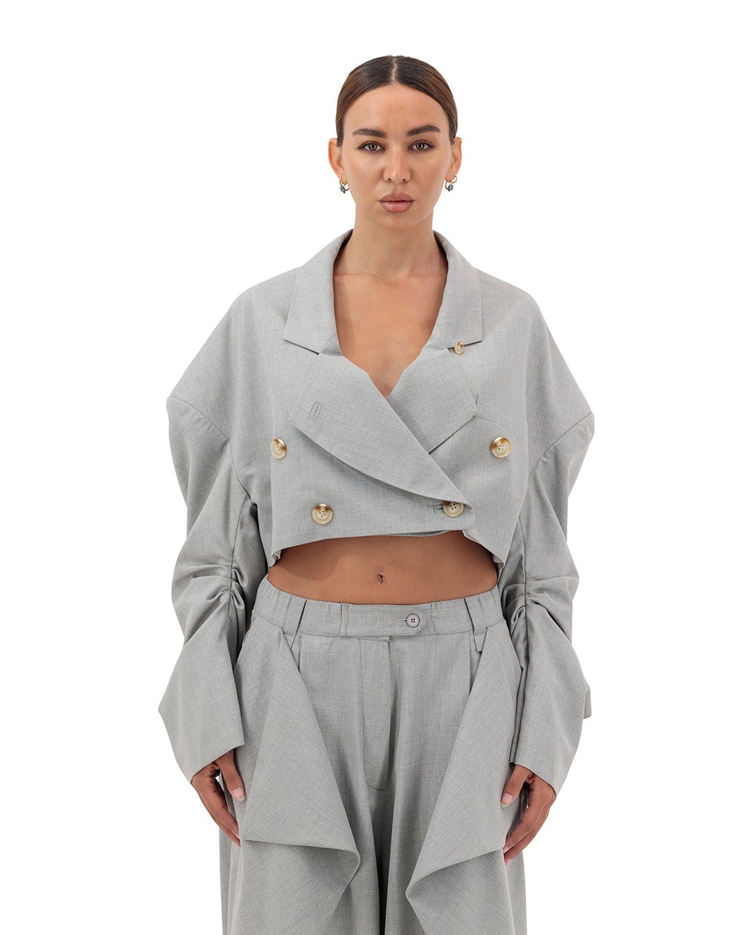 Oversized pleats curved sleeves cropped blazer