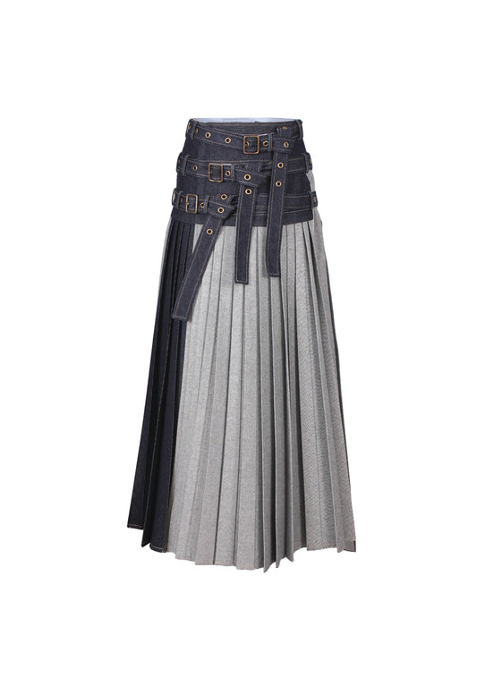 Maxi 3 belts pleats denim skirt