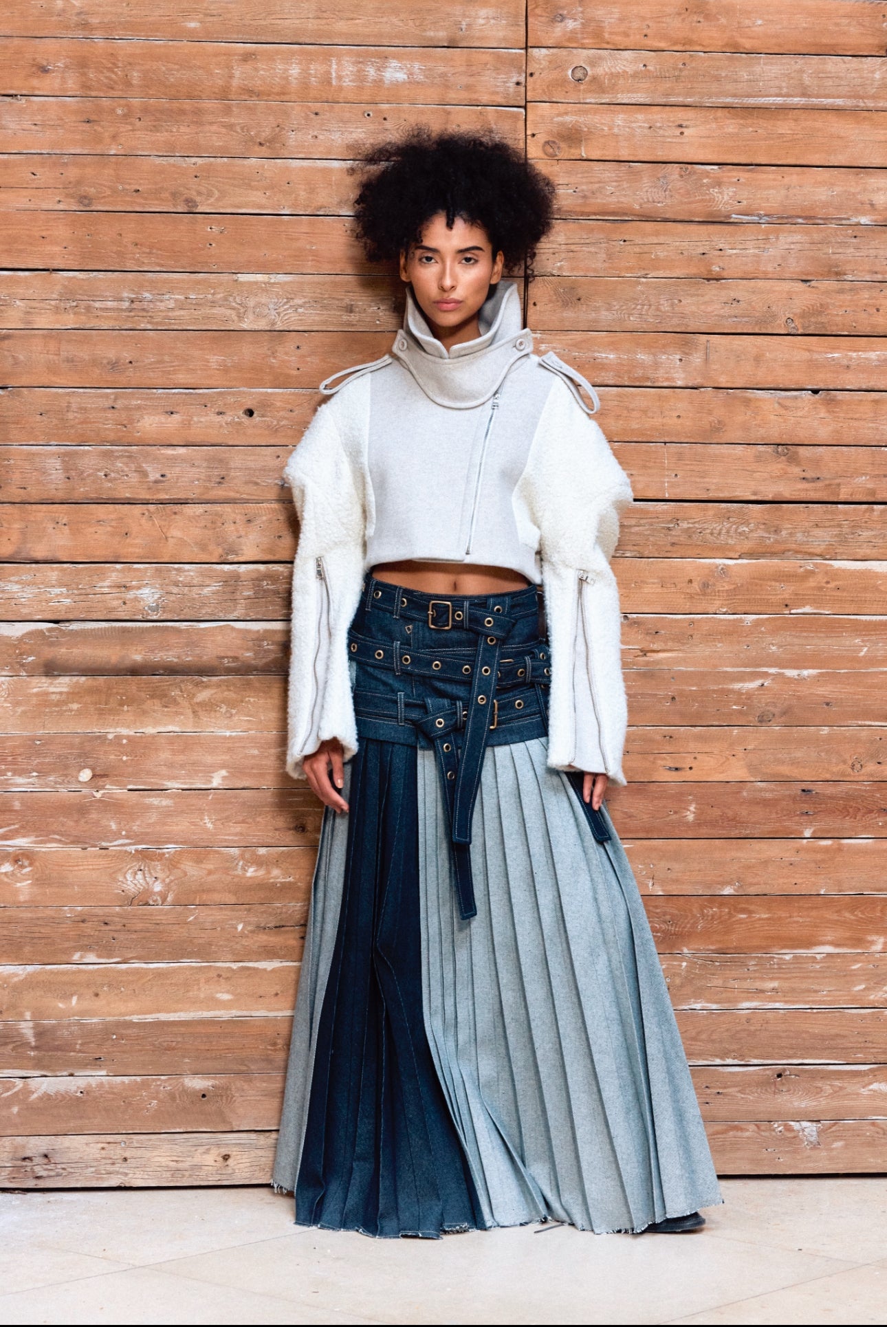 Maxi 3 belts pleats denim skirt