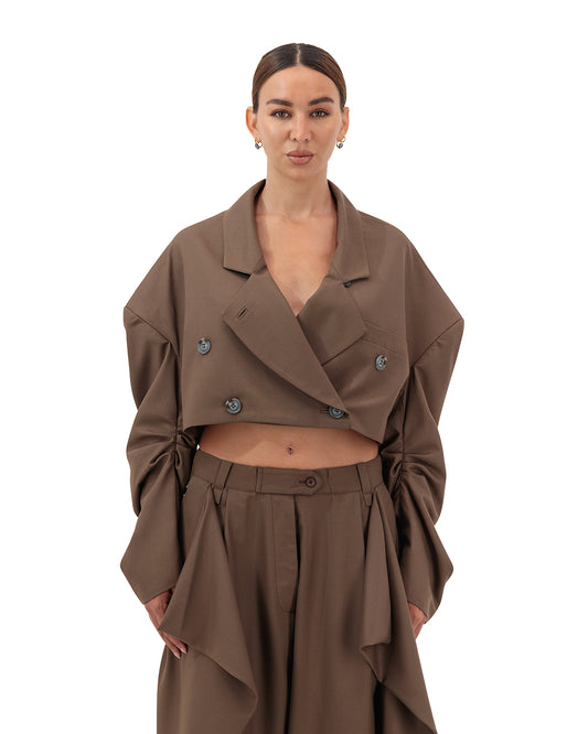 Oversized pleats curved sleeve cropped blazer