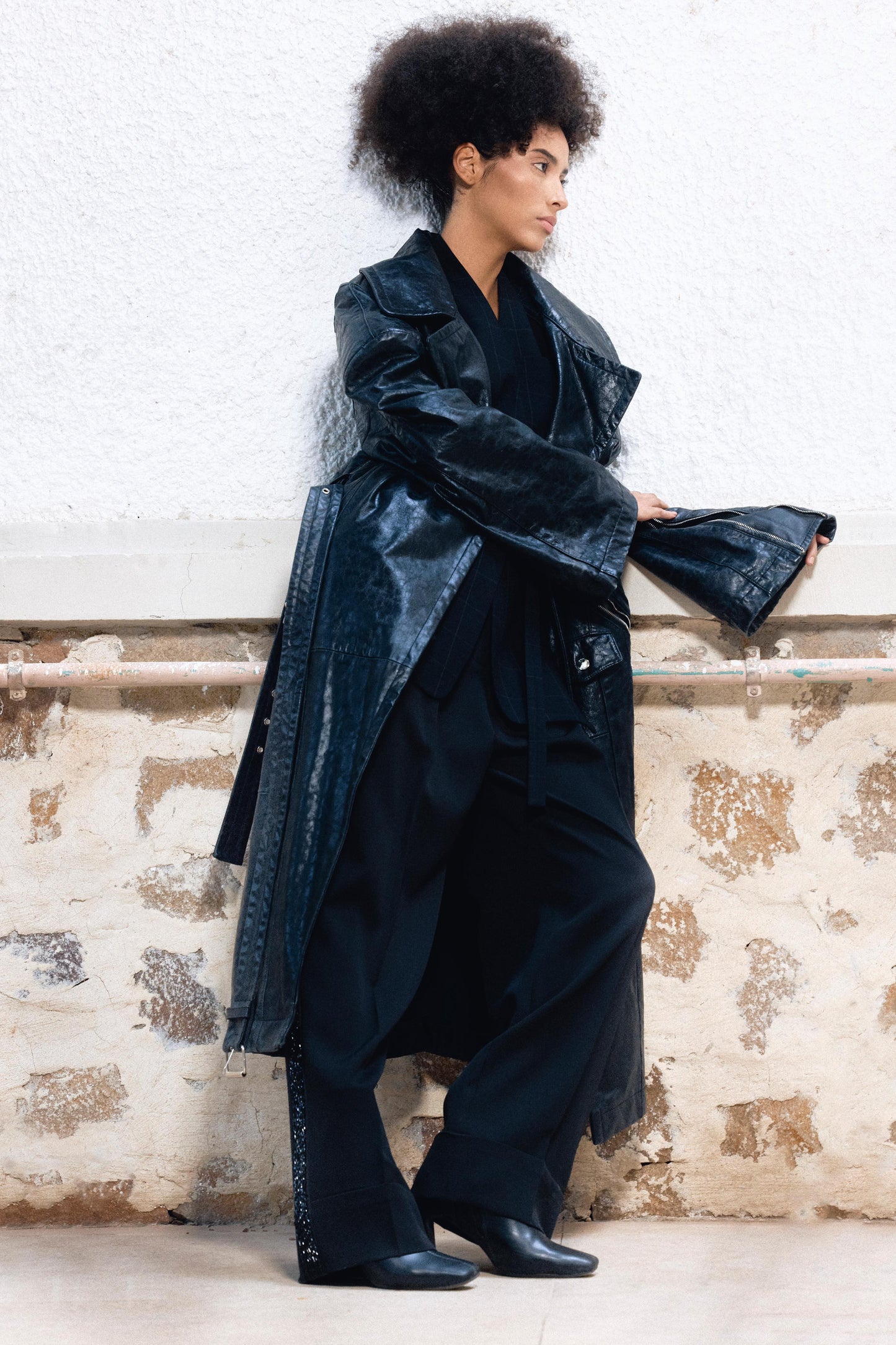 Hybrid biker Leather trench coat