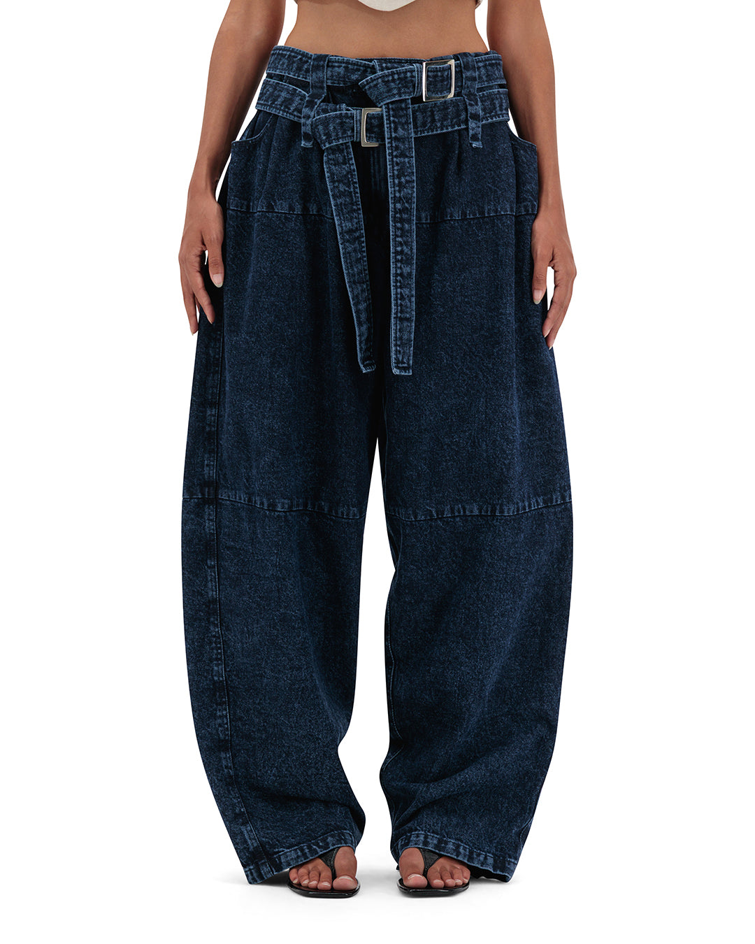 Double belts baggy denim pants