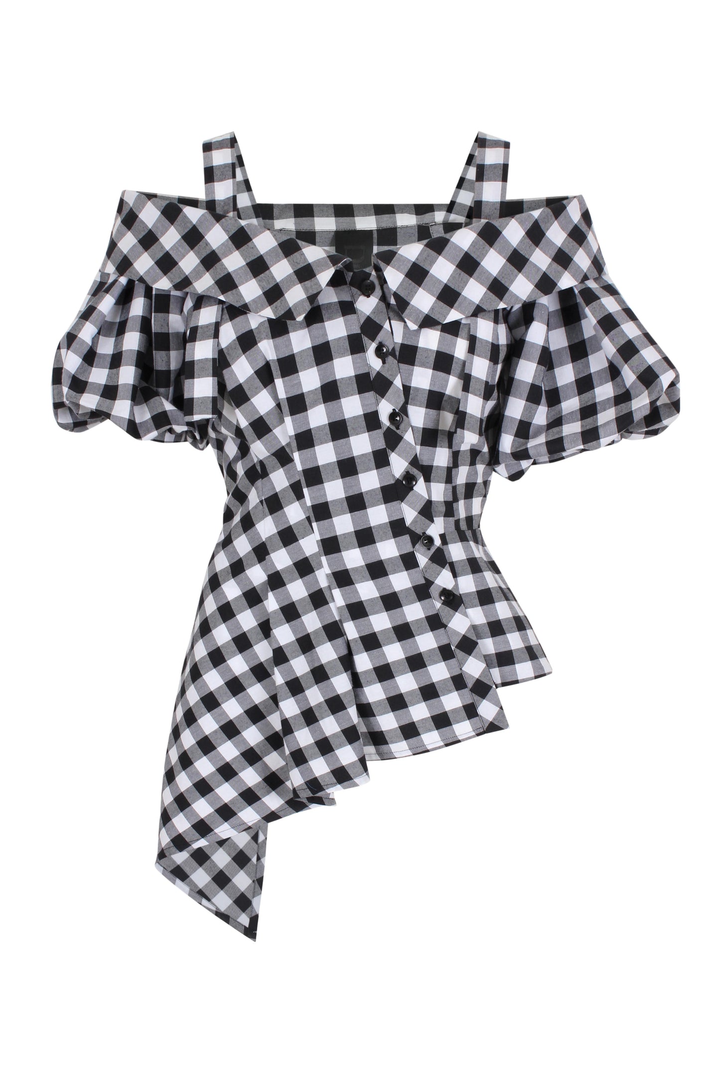 Checks Puffed Sleeves Asymmetric Drop Shoulder Shirt