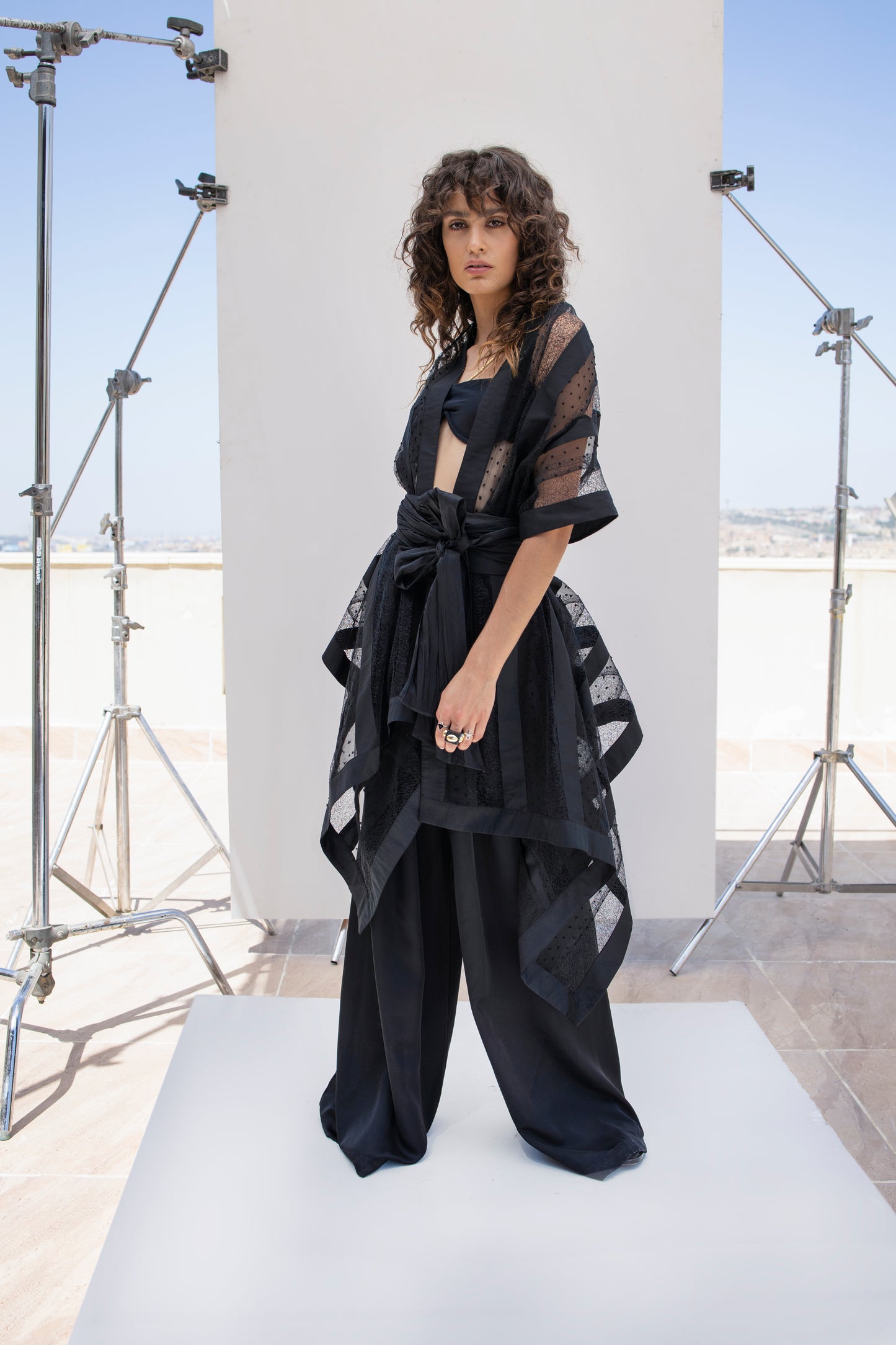 Asymmetric Tulle Ribbon Belt Kimono
