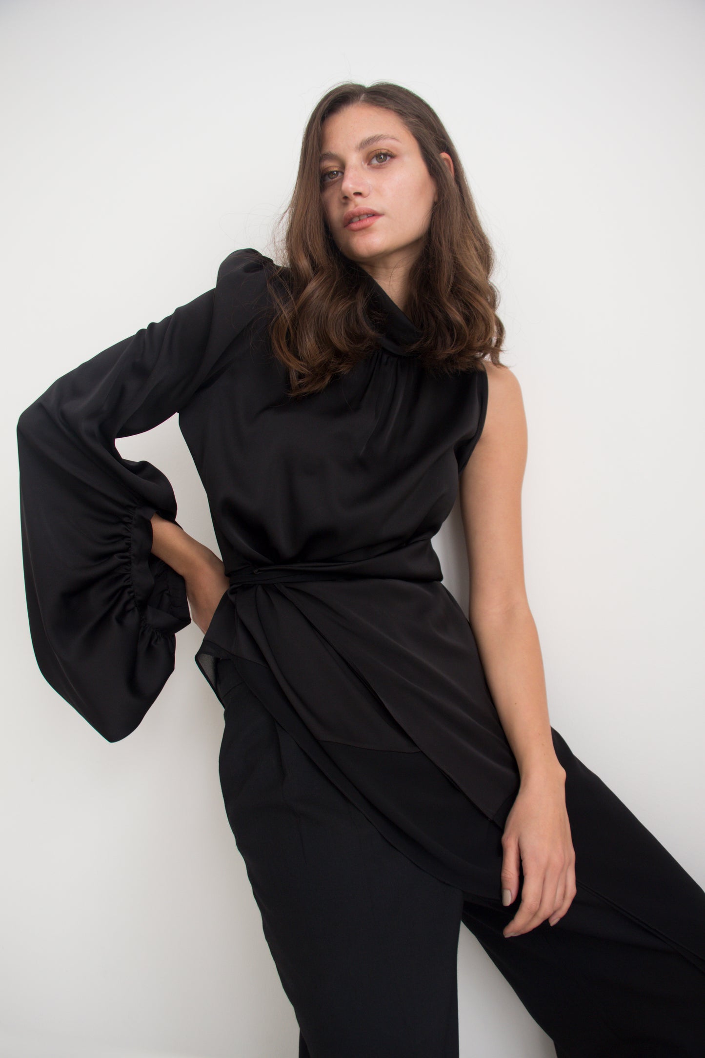 One sleeve asymmetric silk top