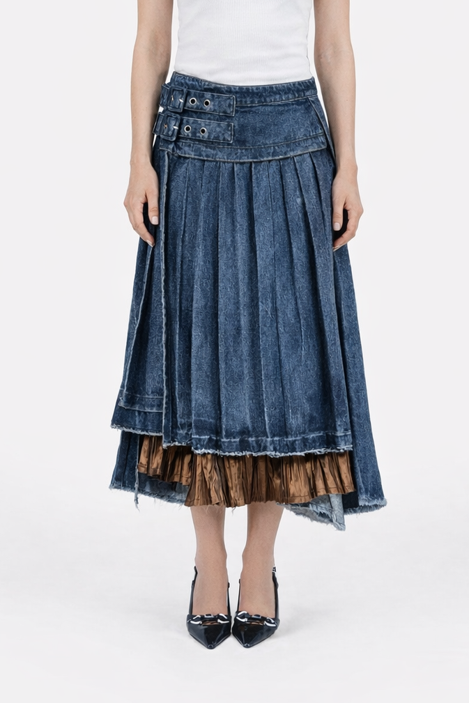 Belted Wrap Pleated Denim Skirt - release 3