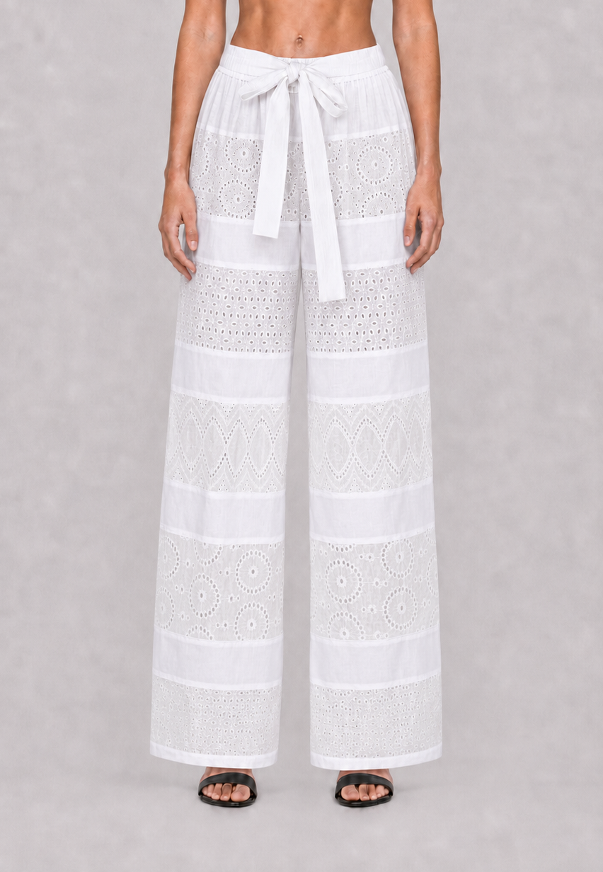 Embroidered coton wide leg pants
