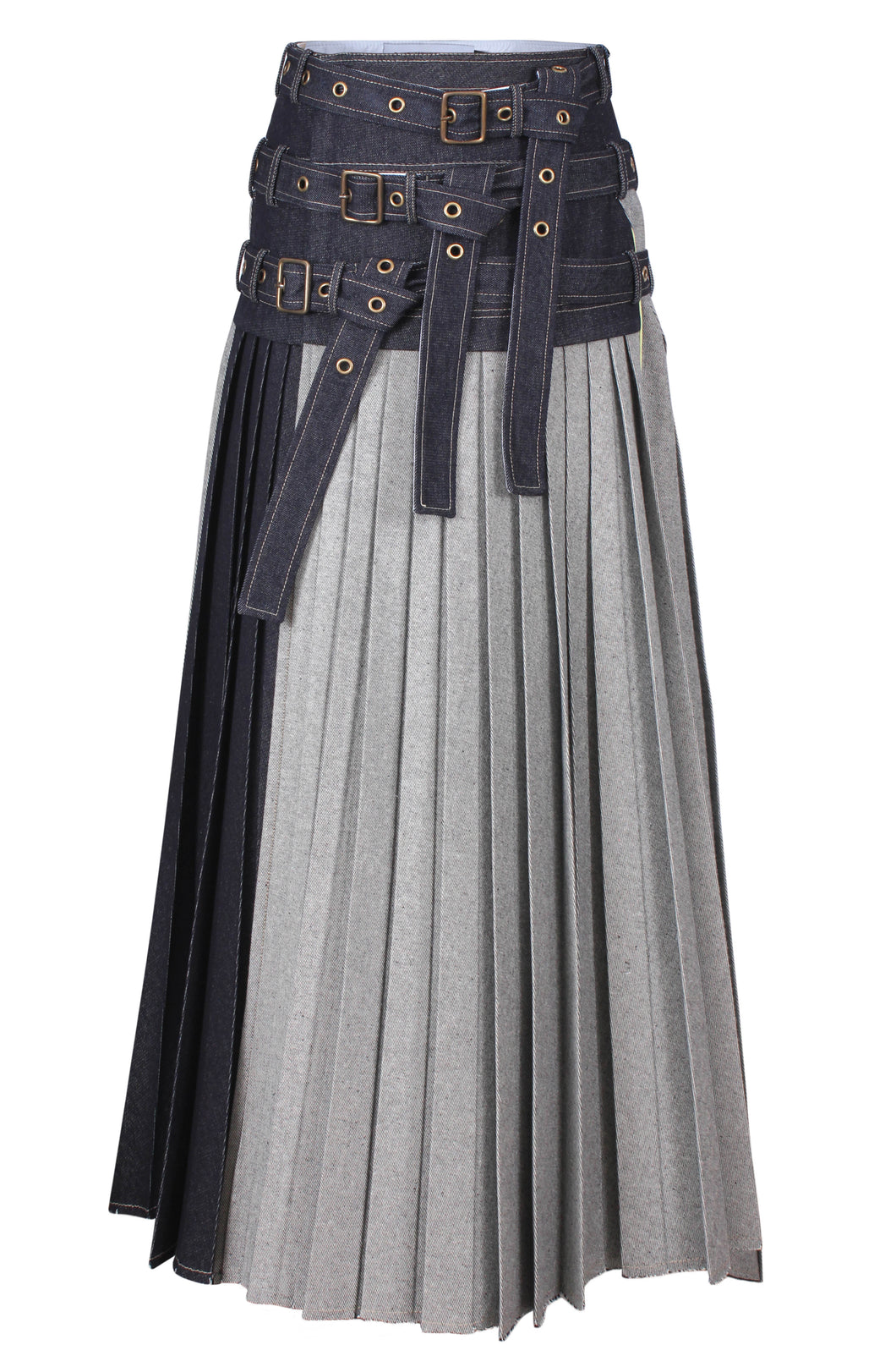 Maxi 3 belts pleats denim skirt