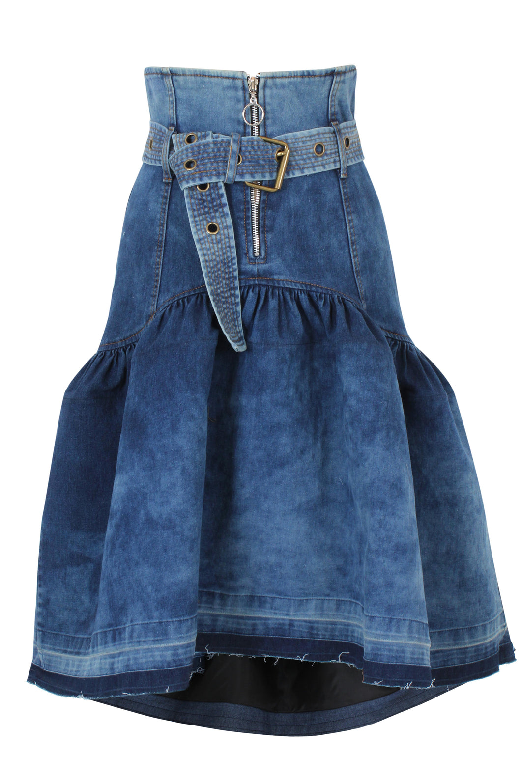 deconstructed corseted couture denim skirt