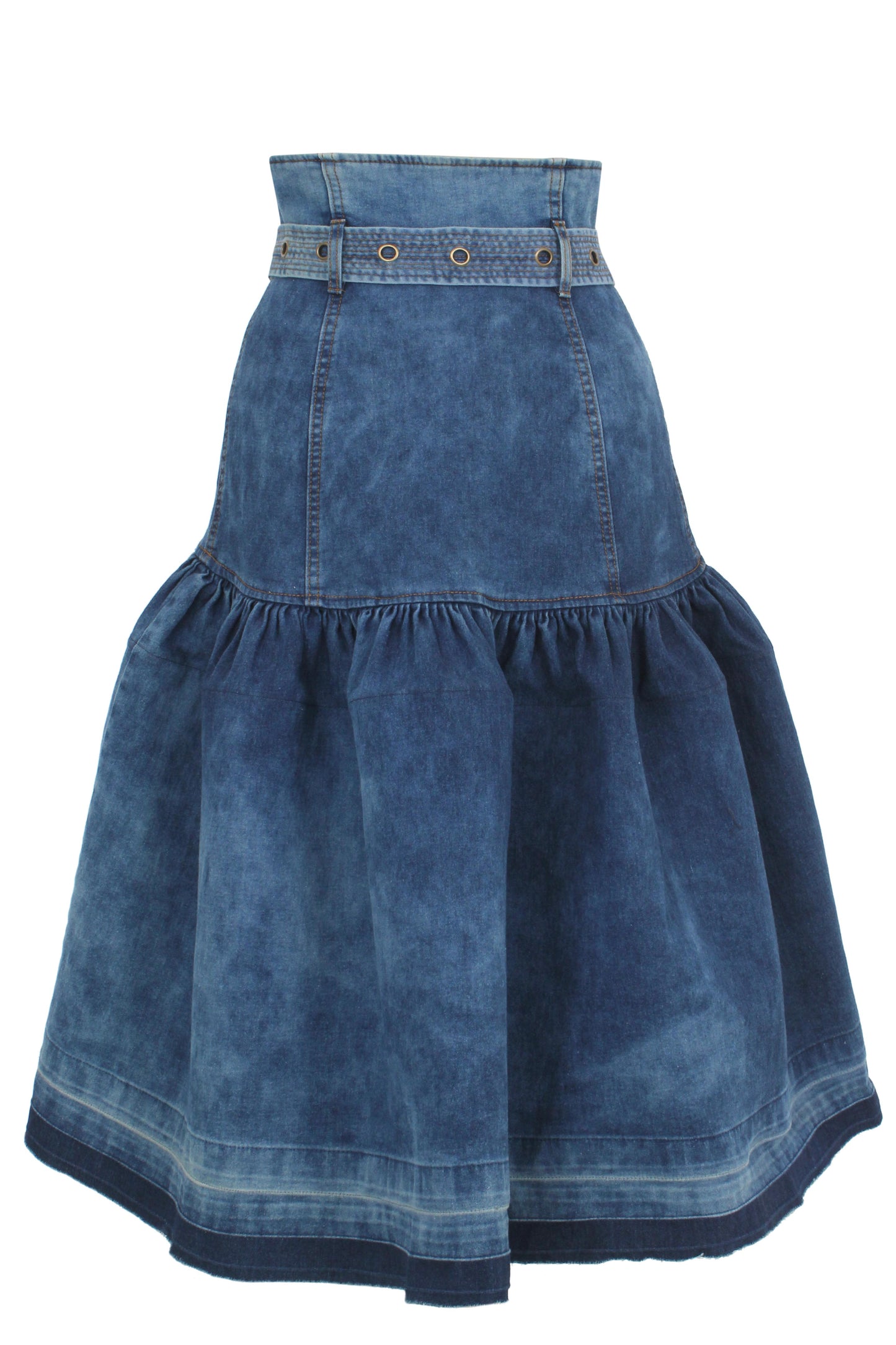 deconstructed corseted couture denim skirt