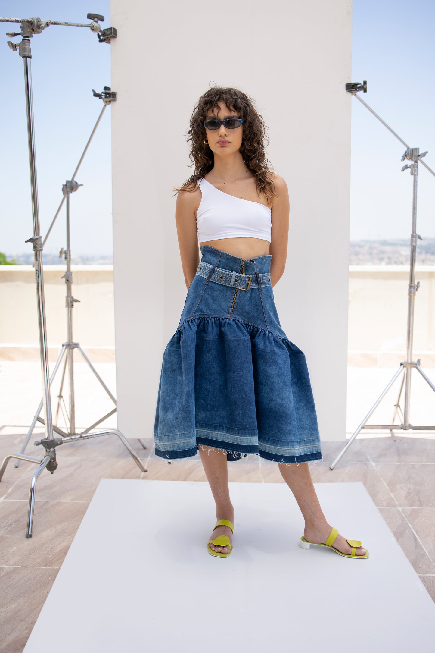deconstructed corseted couture denim skirt