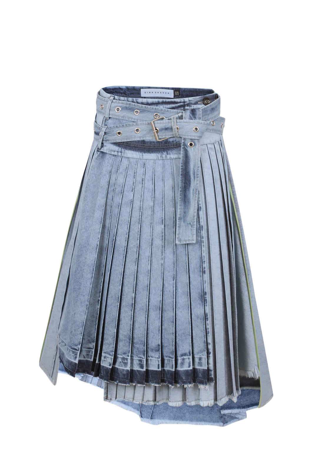 Asymmetric washed denim pleats skirt