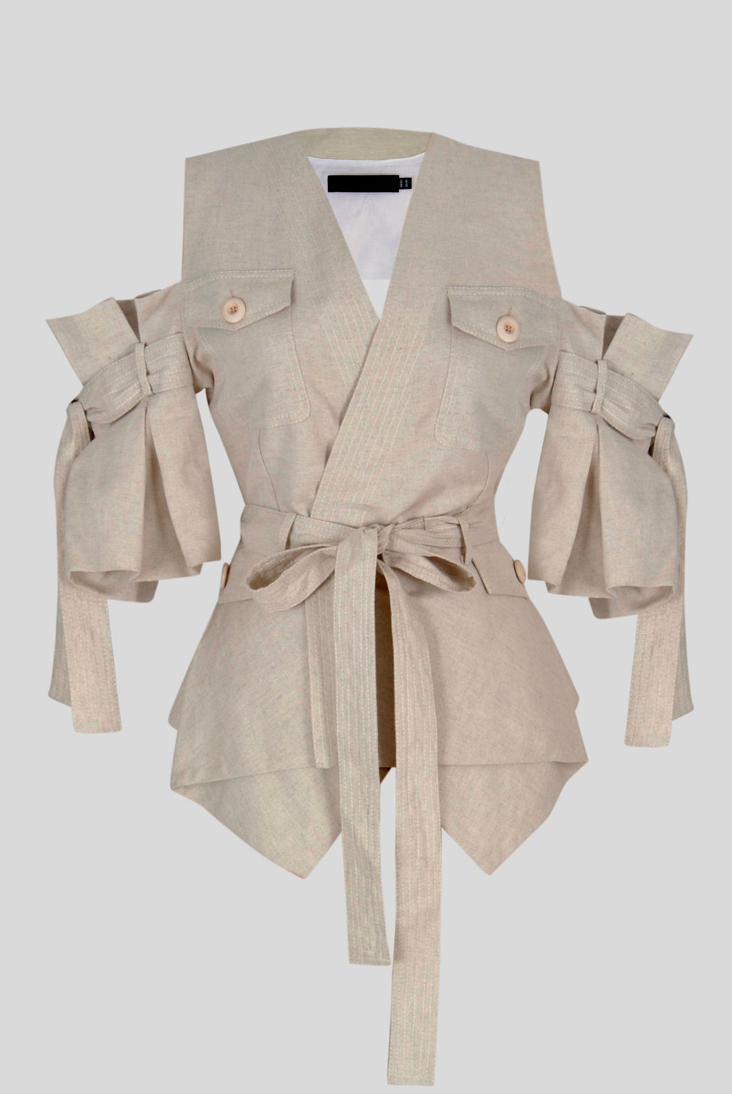 Puffed sleeves peplum linen jacket