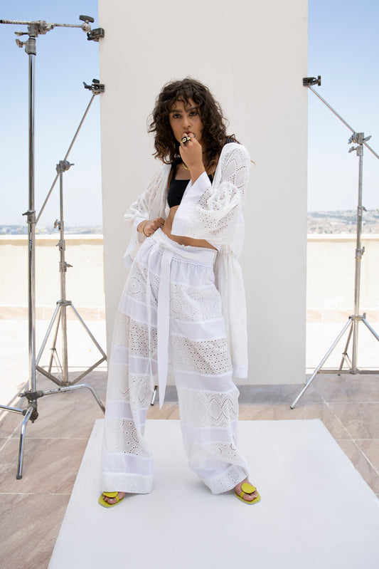 Embroidered coton wide leg pants