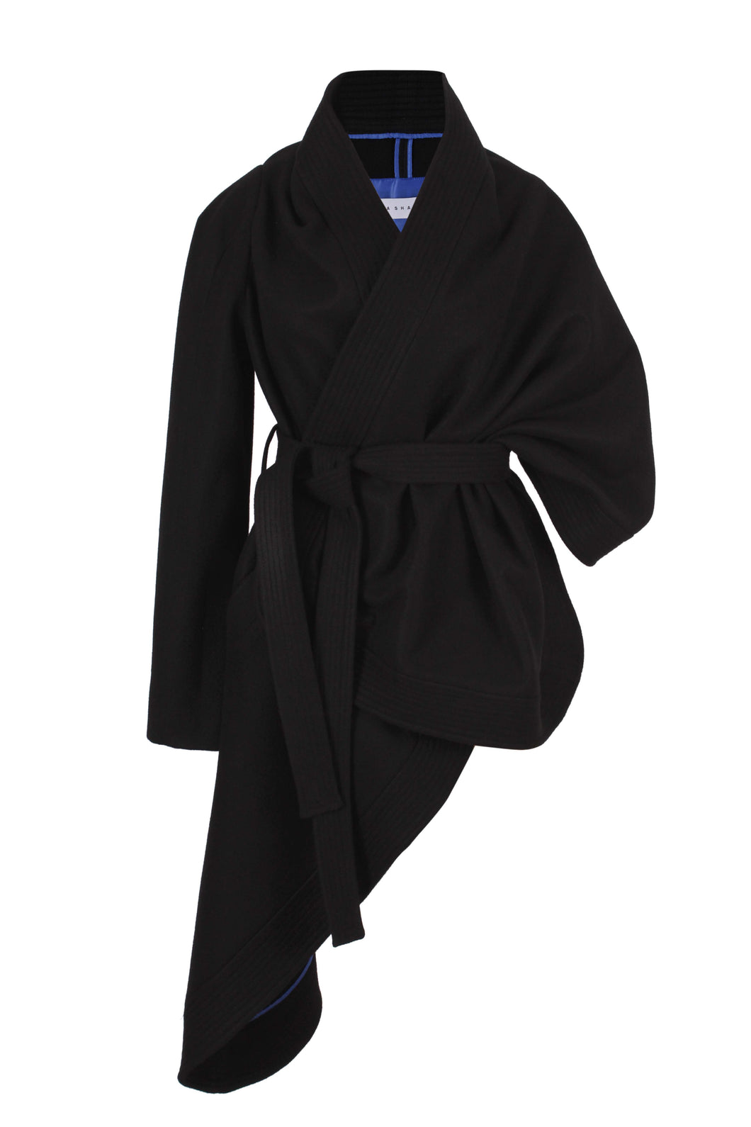 Black asymmetric one sleeve wool cape